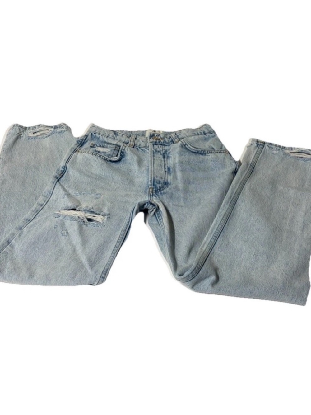 ANINE BING Distressed Light Blue Jeans 100% Cotton Denim Button Fly 5-Pocket